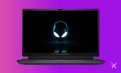 alienware m17 r5 laptop on purple background