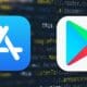 apple app store and google play store logos on blurred background