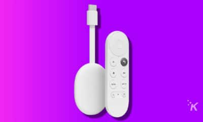 chromecast with google tv on purple backgbround