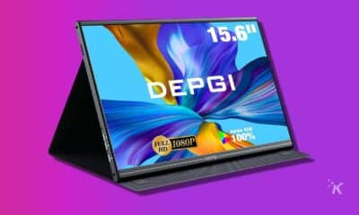 depgi 15-inch portalbe monitor display on a purple background