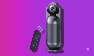 emeet 360 webcam on a purple background