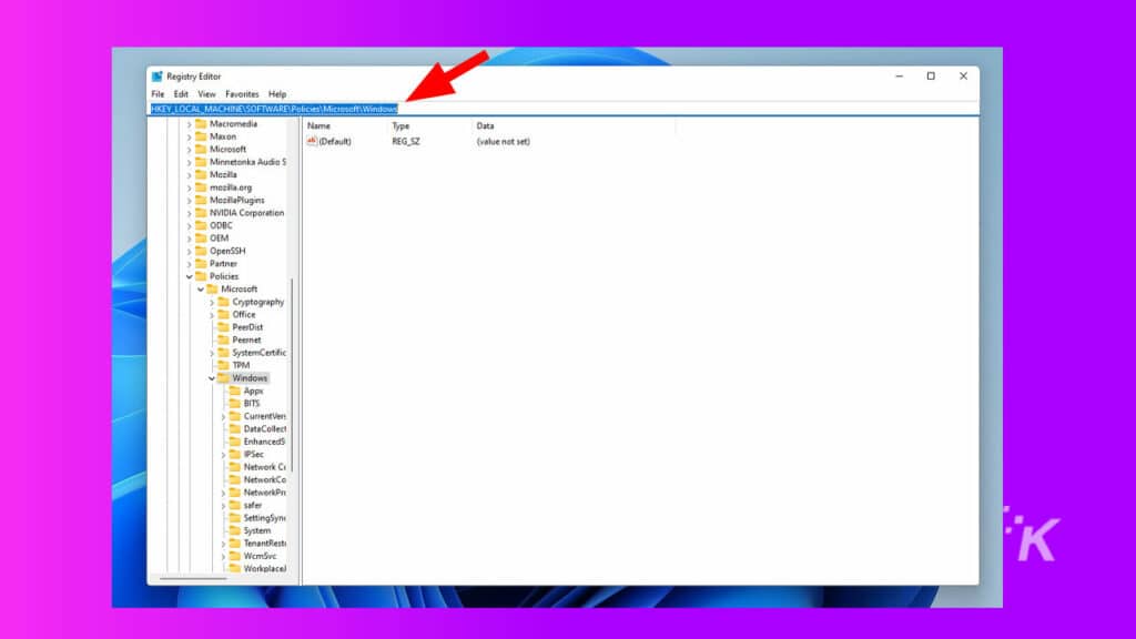 Go to Microsoft Windows settings in registry