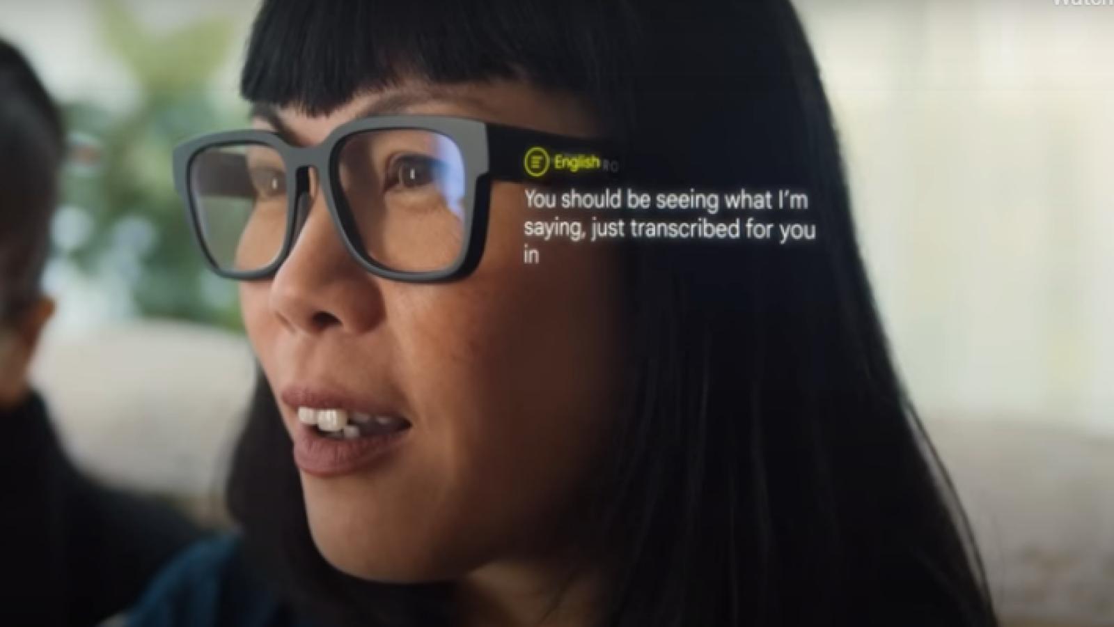 google glasses on a woman's face illustrating that they are translating from mandarin chinese to english in real time