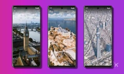 new google maps update on three smartphones on purple background