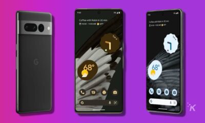 google pixel 7 phones over a purple background