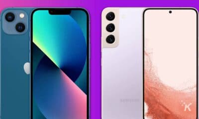 iphone and samsung on purple background