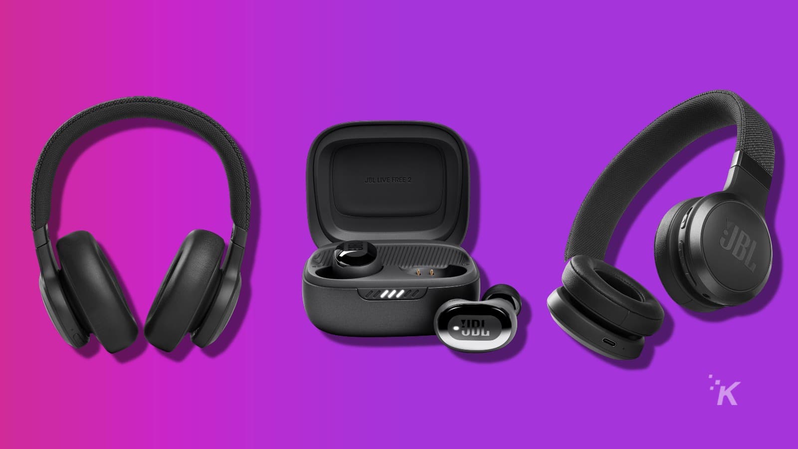 three kinds of jbl headphones on purple background