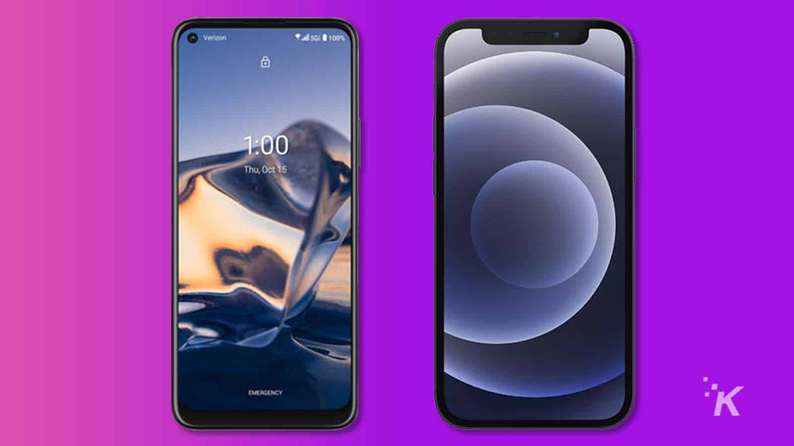 Android and iPhone with live wallpaper in purple background