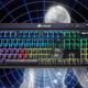 mechanical keyboard on galaxy brain background