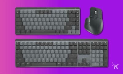 logitech mx master 3s and mx mechanical keyboards on purple background