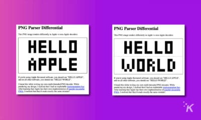 screenshots from png parser showing 'hello apple' from safari browser and 'hello world' on brave browser