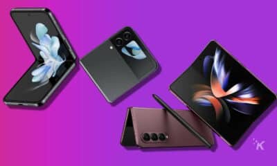 samsung galaxy z series smartphones on purple background