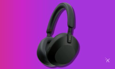 sony WH-1000XM5 wireless headphones on purple background