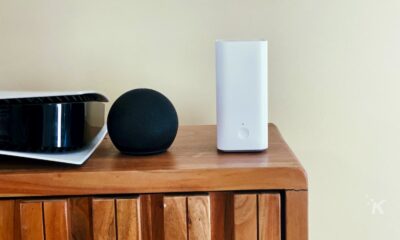 image of vilo mesh wifi system next to echo dot and ps5