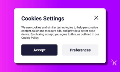 website cookie notification on purple background knowtechie
