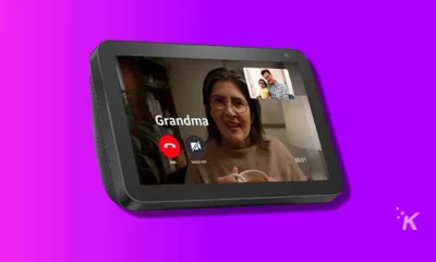 product shot of an amazon echo show 8 on purple background
