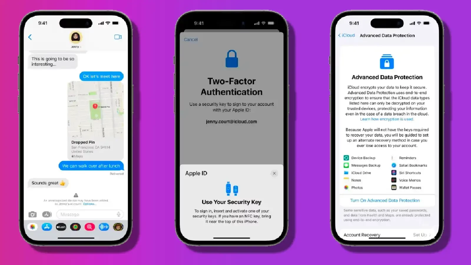Apple Advanced Data Protection screenshots for iPhone, iPad, and Mac on a purple background