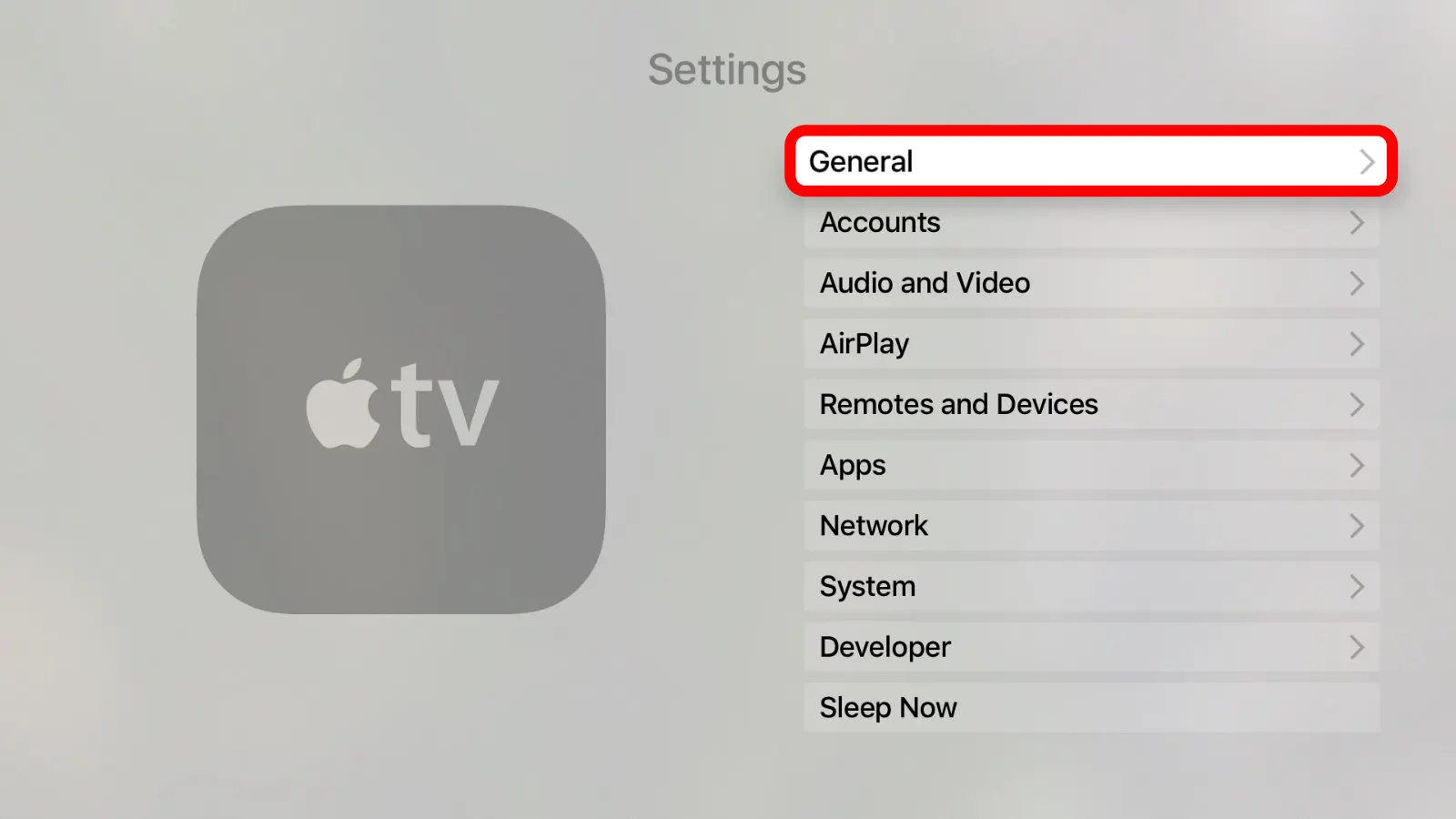 screenshot of gen 3 apple tv settings with general highlighted