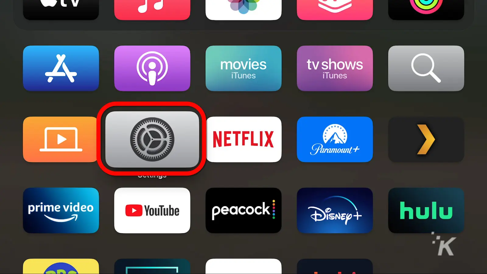 screenshot of apple tv with the settings app highlighted