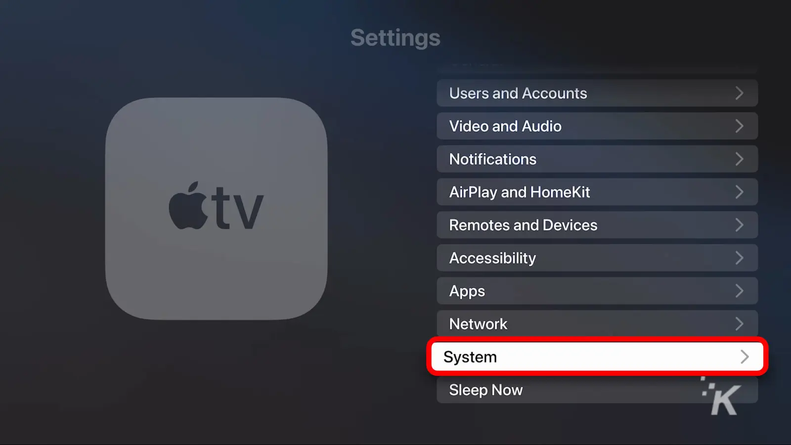 screenshot of apple tv settings with system highlighted