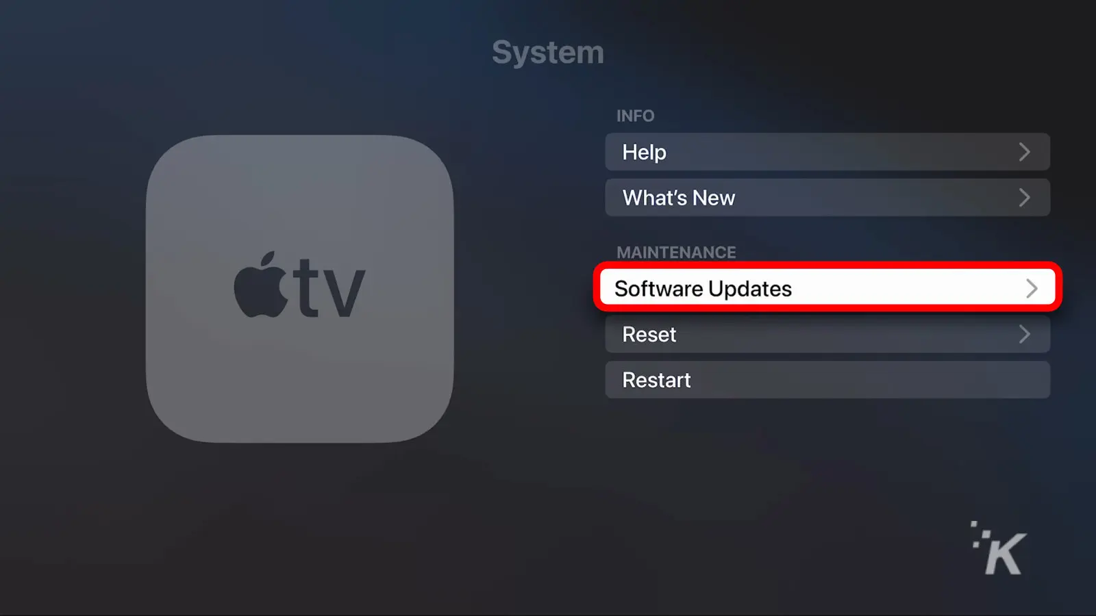 screenshot of apple tv settings with software update hightlighted