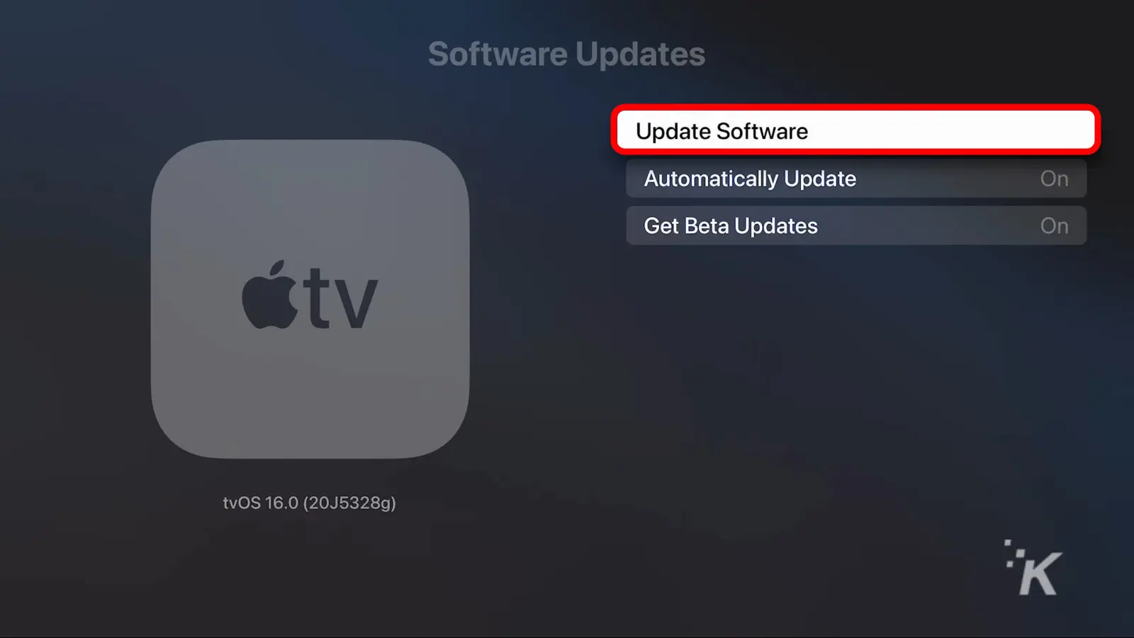 screenshot of apple tv settings showing update software option