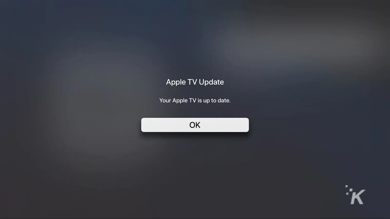 screenshot of apple tv saying no update available