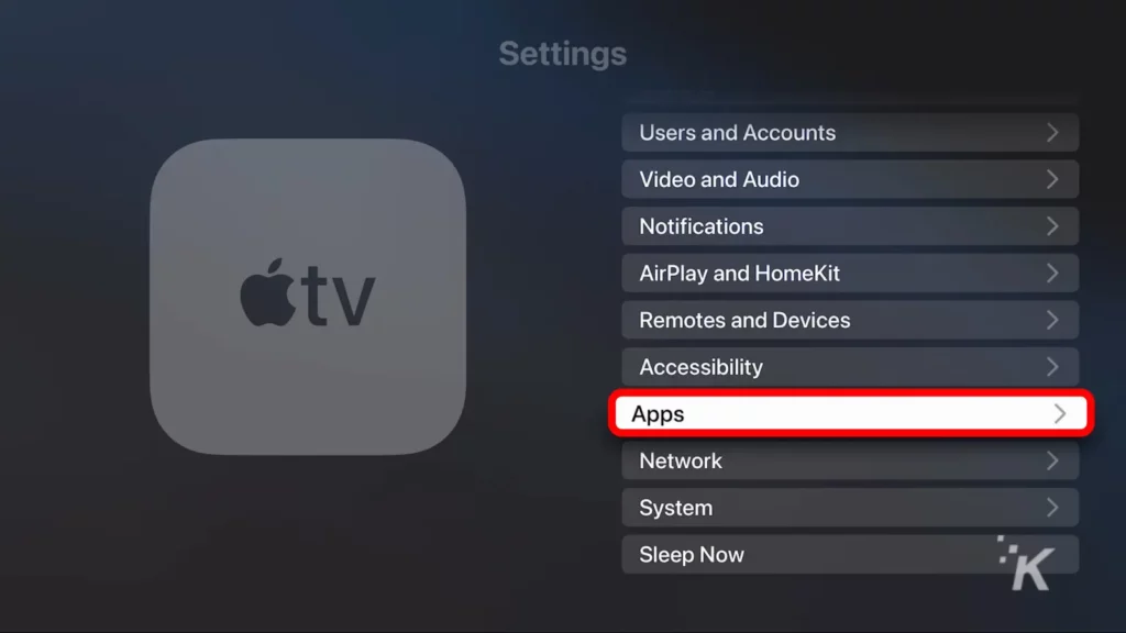 screenshot of apple tv settings showing app menu