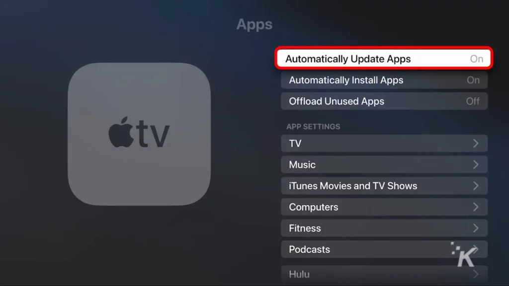 screenshot of apple tv settings for automatically updating apps
