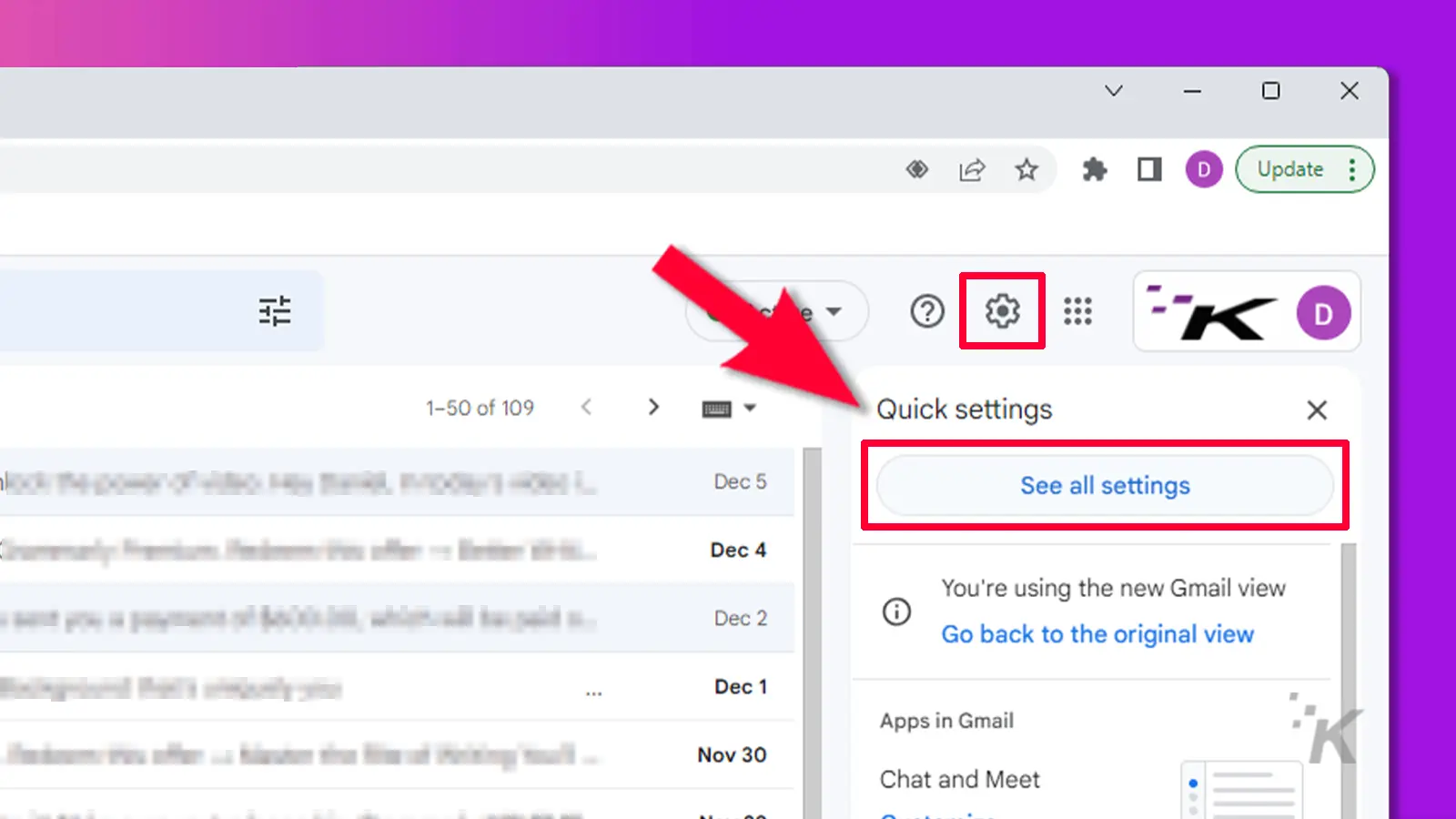 Gmail all settings screen