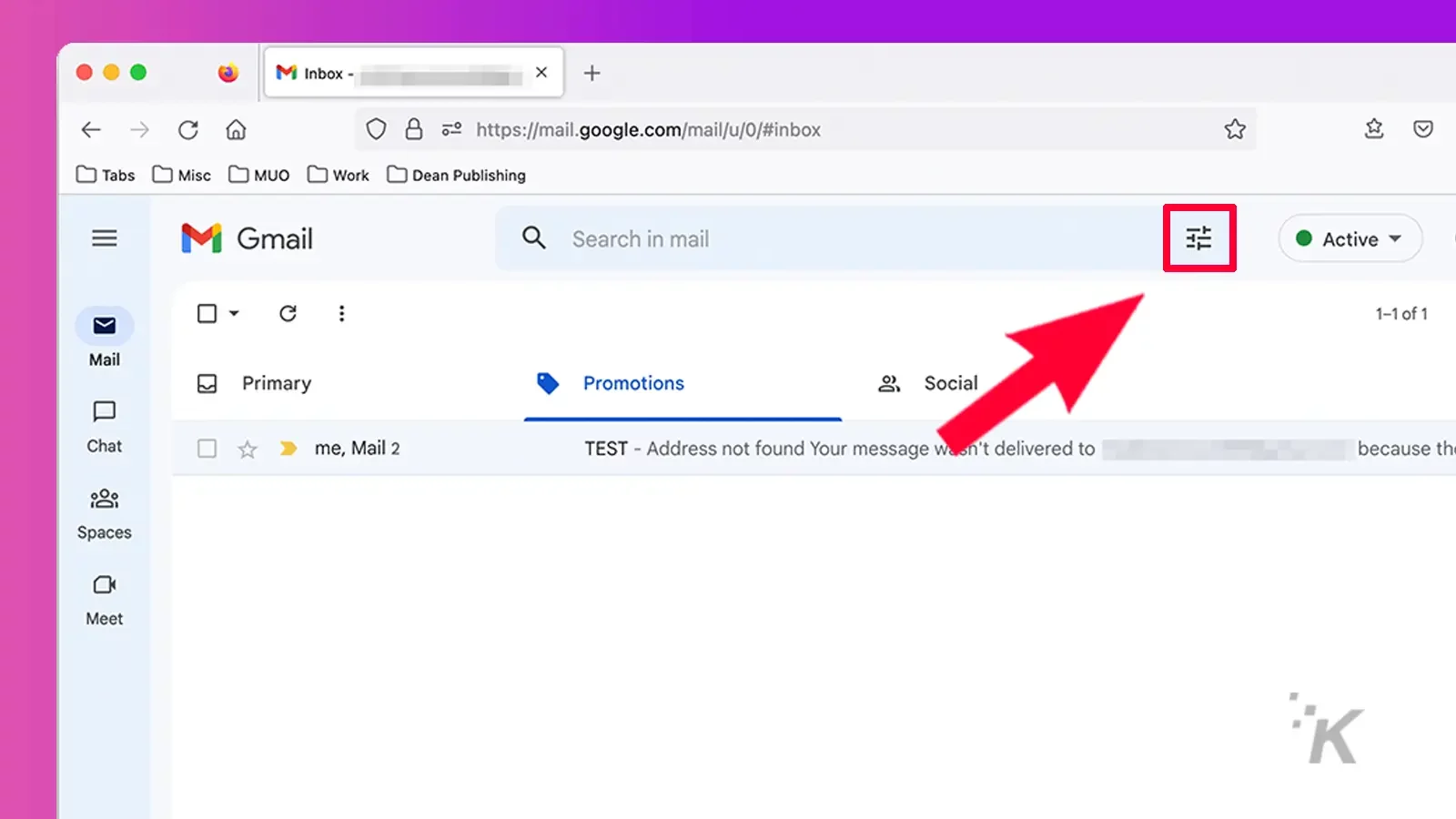 Gmail web inbox with arrow pointing to settings in search bar