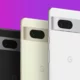 3 google pixel 7 smartphones over a purple background
