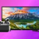 Samsung Tv and Airpods on purple background