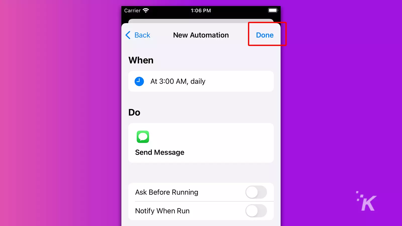 automation screen on shortcuts app ios