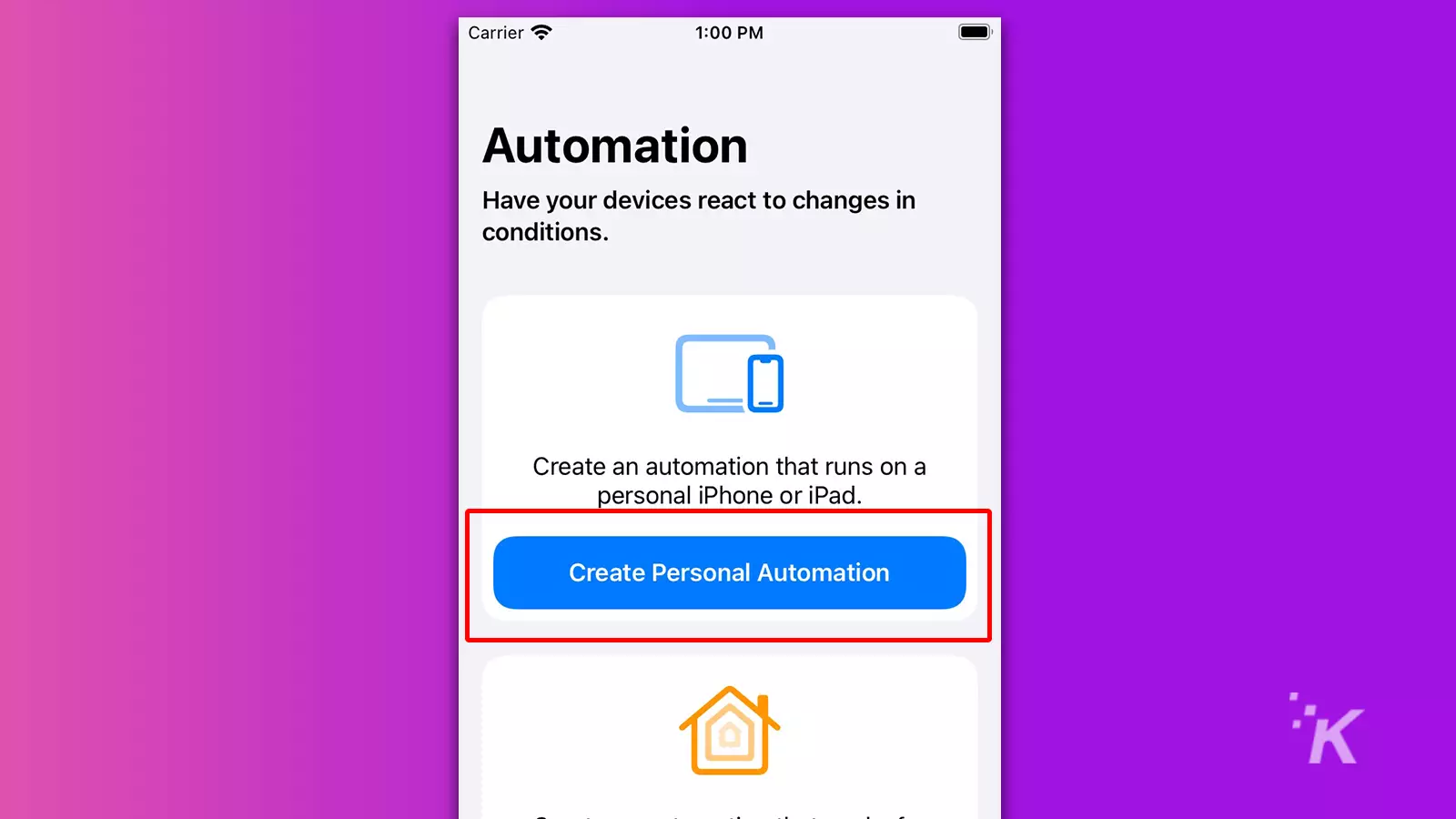 automation screen on shortcuts app