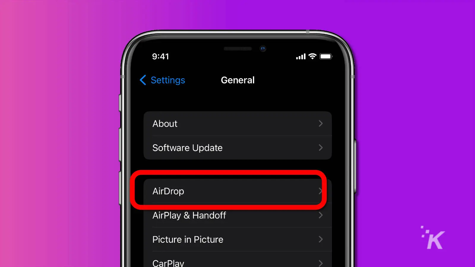 screenshot of ios airdrop menu option