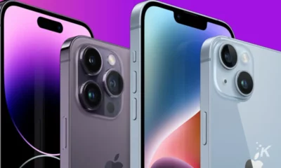 iPhones 14 and pro in purple background