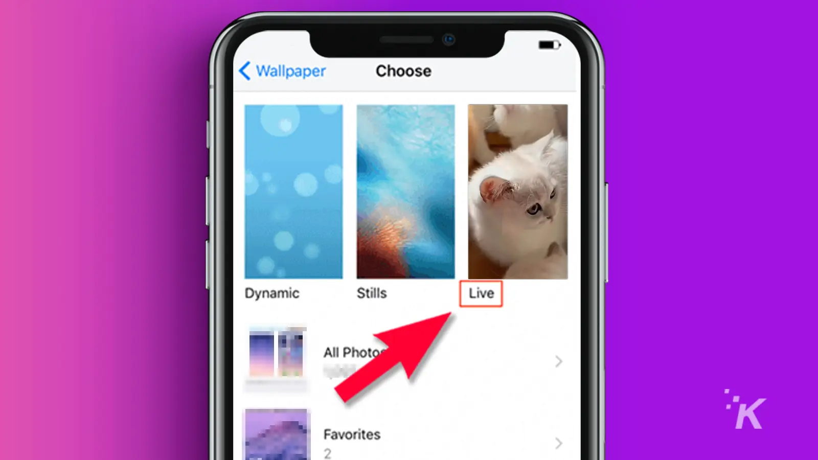 iPhone with arrow pointing to live photo tab