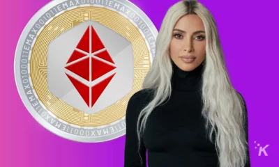 Kim Kardashian and Crypto coin in purple background