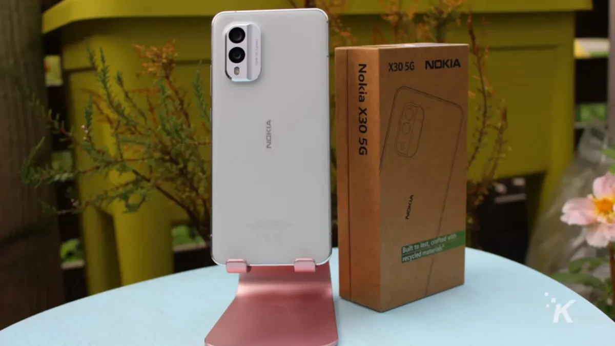 Nokia X30 phone on stand next to box