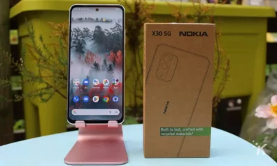Nokia-X30-phone on stand next to box