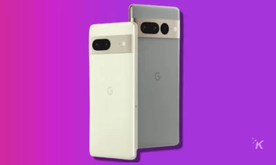 two pixel 7 devices over a purple background