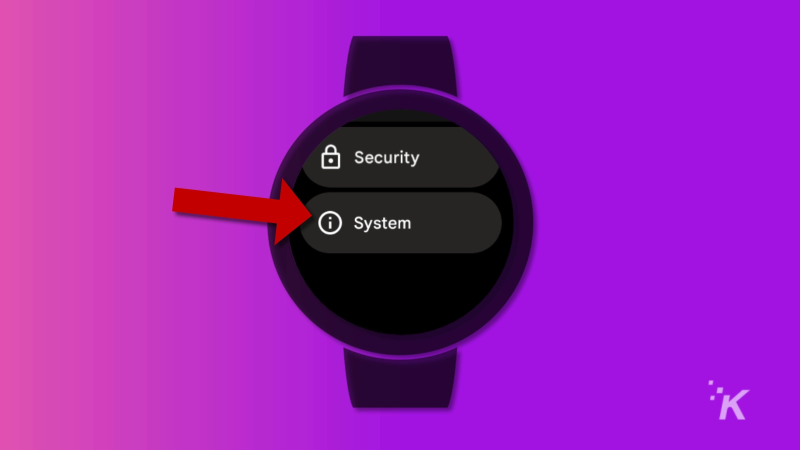 illustration of android smartwatch with a red arrow pointing at the system menu item