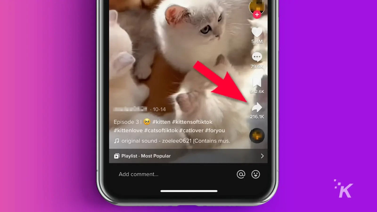 TikTok on iPhone with arrow pointing to share
