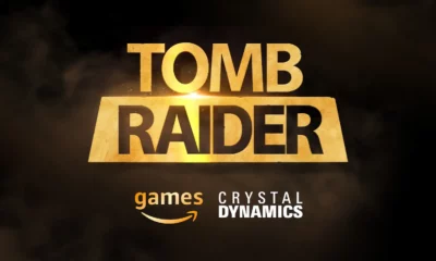 logos of tomb raider, amazon games, and crystal dynamics on dark brown background
